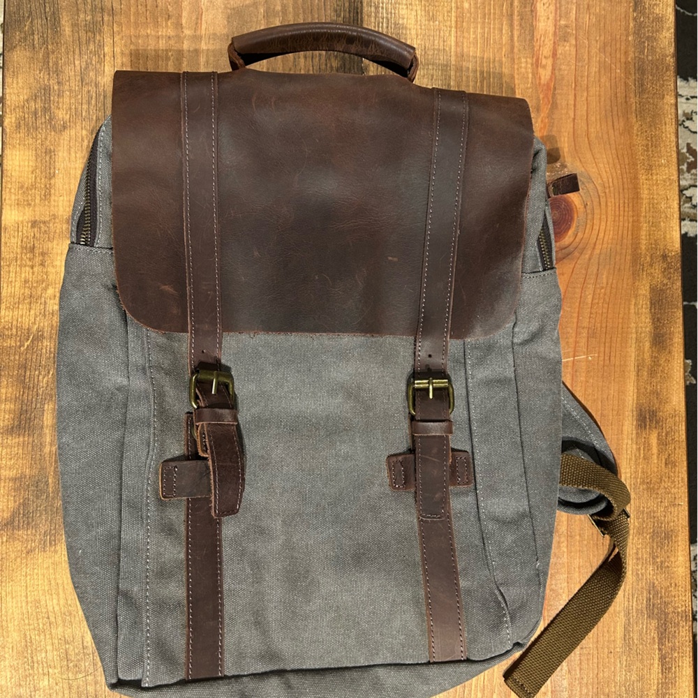 Stylish Brown and Gray Men's Backpack. Canvas and leather.  LIKE NEW